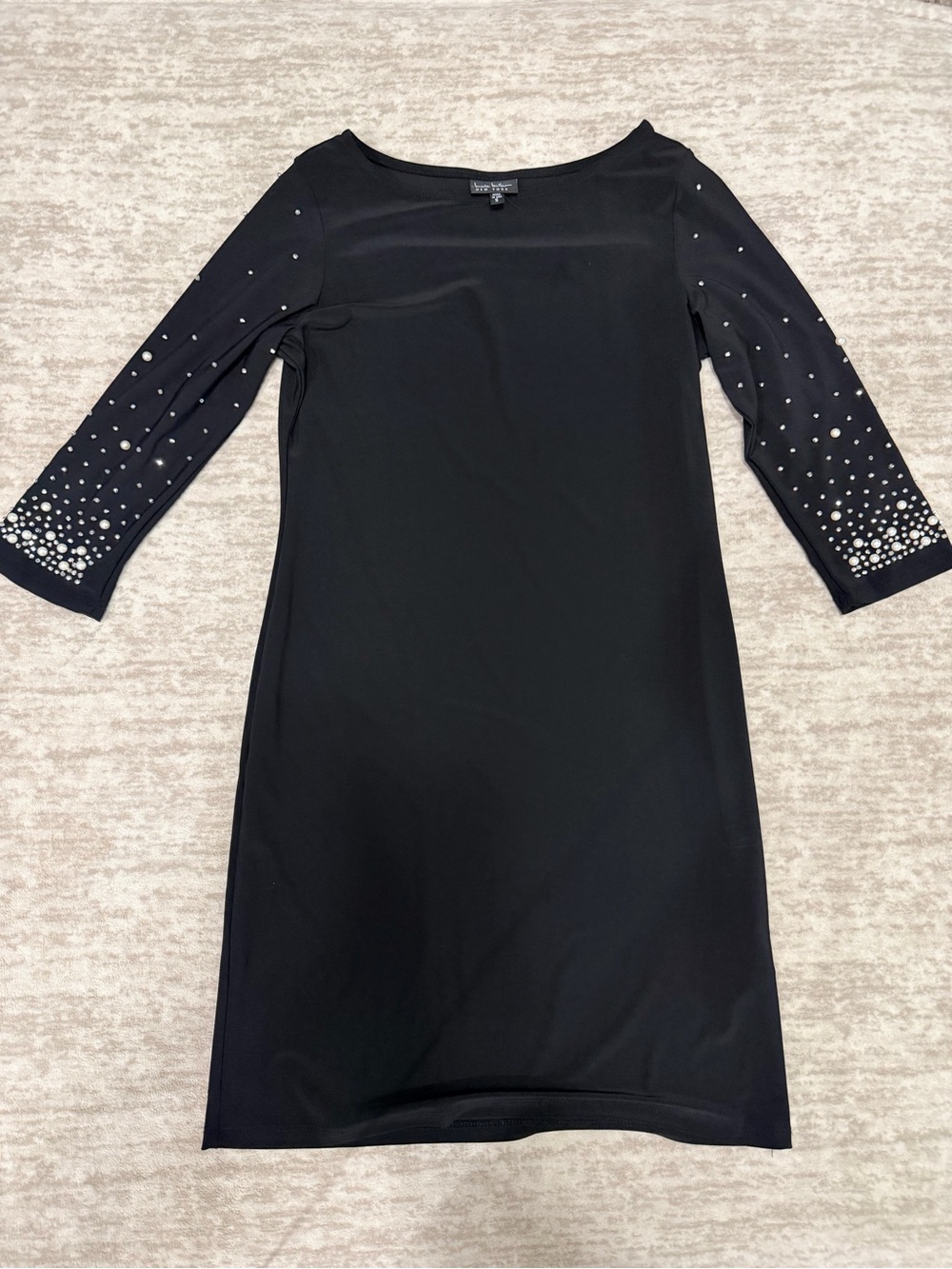Nicole Miller New York Black Pearl Rhinestone Embellished Sleeve Dress Size S